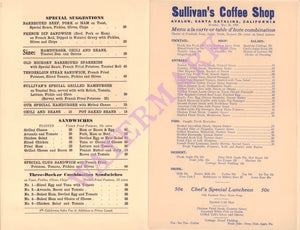 Sullivan's Coffee Shop, Avalon, Catalina 1941 Menu