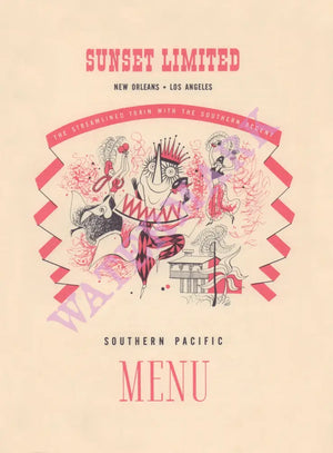 Sunset Limited Los Angeles to New Orleans 1954 Train Menu Art