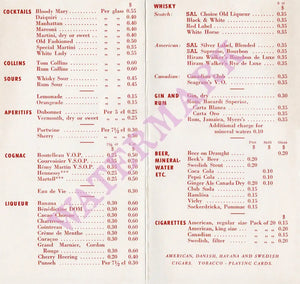 Swedish American Line, MS Kungsholm 1959 Drinks menu