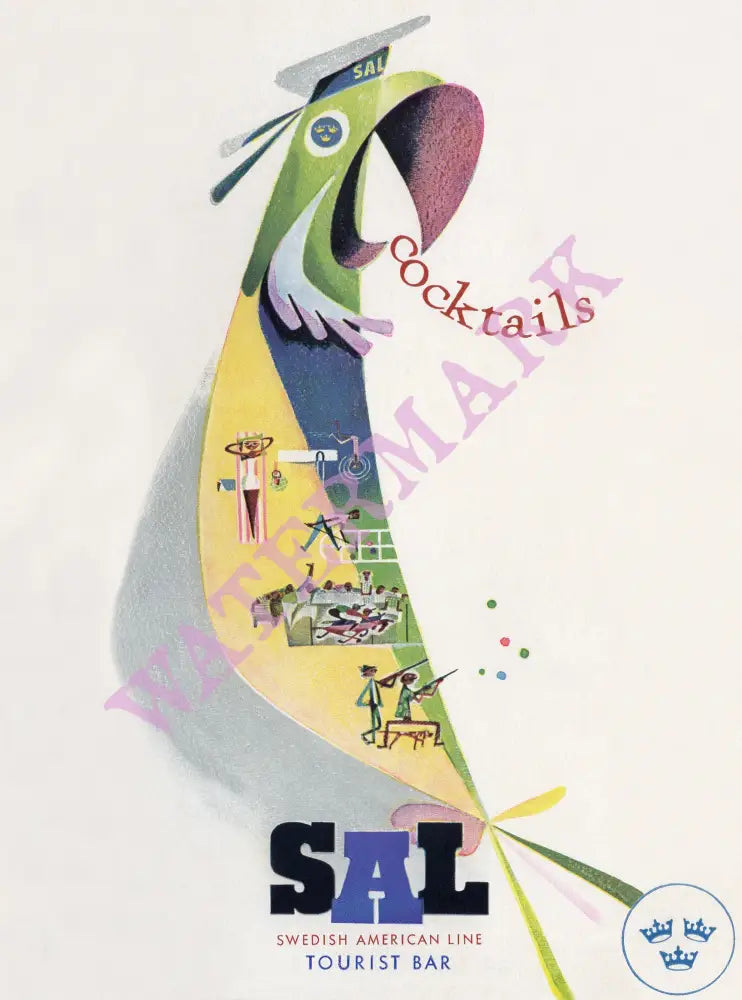 Swedish American Line, MS Kungsholm 1959 Cocktails Parrot menu art