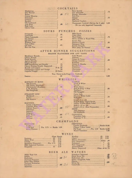 The Barn, Glen Burnie MD 1950s Drinks List