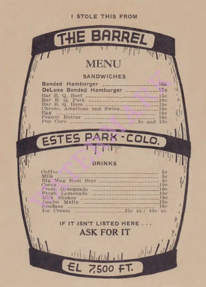 The Barrel, Estes Park CO 1930s | Vintage Menu Art - cover