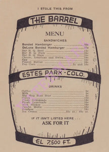 The Barrel, Estes Park CO 1930s | Vintage Menu Art - cover
