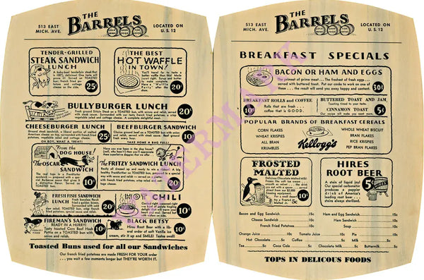 The Barrels, Kalamazoo, 1930s Menu Art