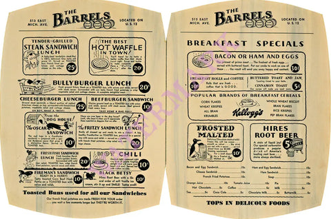The Barrels, Kalamazoo, 1930s Menu Art