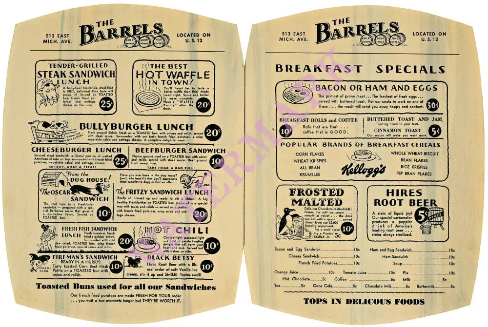 The Barrels Kalamazoo 1930s Vintage Americana Menus