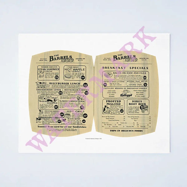 The Barrels, Kalamazoo, 1930s Vintage Menu Art