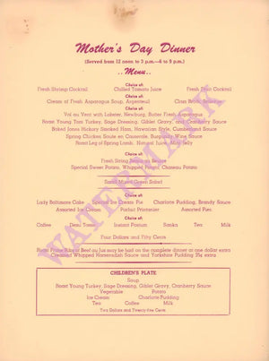 The Biltmore, Santa Barbara 1950s/1960s Mother's Day Dinner Menu