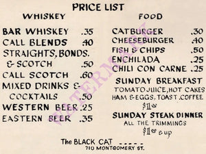 The Black Cat Bar, San Francisco 1950s Menu 