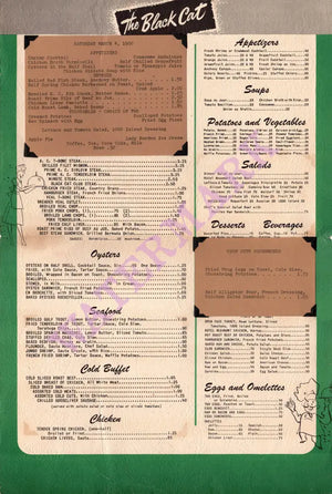 The Black Cat, Hotel Beaumont 1950 Menu