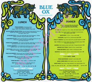 The Blue Ox, Goleta CA, 1960s Menu