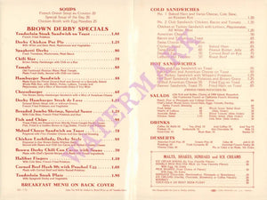 The Brown Derby, Hollywood, 1955 Menu