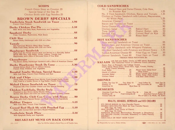 The Brown Derby Coffee Shop, Hollywood, 1957 Menu 