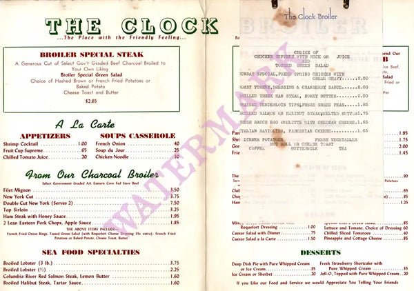 The Clock Broiler at Lynwood, 1950s Menu