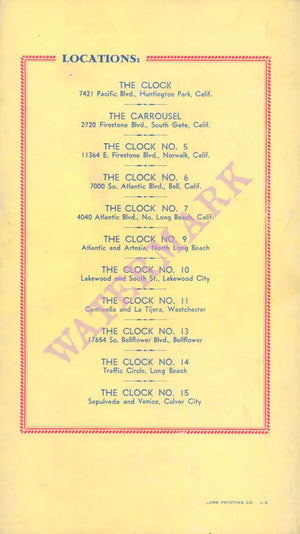 The Clock Home of Chubby the Champ California 1953 Vintage Americana Menus