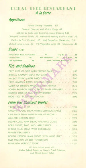 The Coral Tree, Palm Springs Hotel 1950s menu