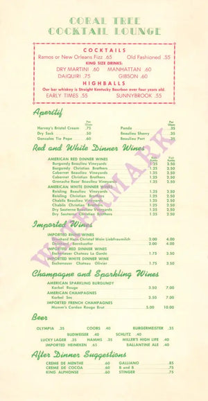 The Coral Tree, Palm Springs Hotel 1950s Drinks menu