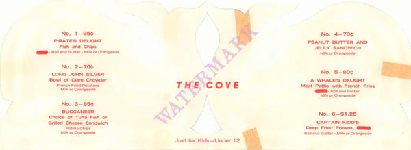 The Cove Children's Menu, Seattle 1960s Menu