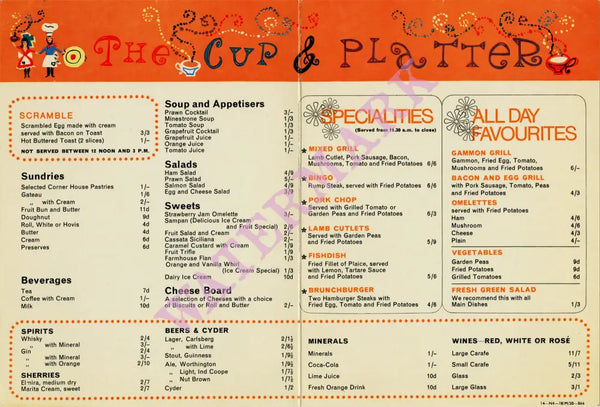 The Cup & Platter, UK 1966 | Vintage Menu Art – food menu