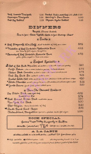 The Dock, Tiburon 1962 Dinner Menu