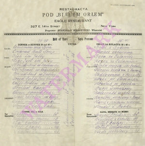 The Eagle Polish Restaurant, New York 1914 Menu