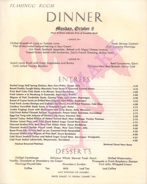 The Flamingo, Las Vegas 1970s | Vintage Menu Art - dinner menu