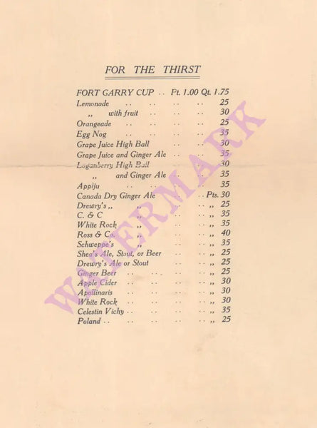 The Fort Garry Hotel, Winnipeg (approx 1916-1921) Drinks Menu