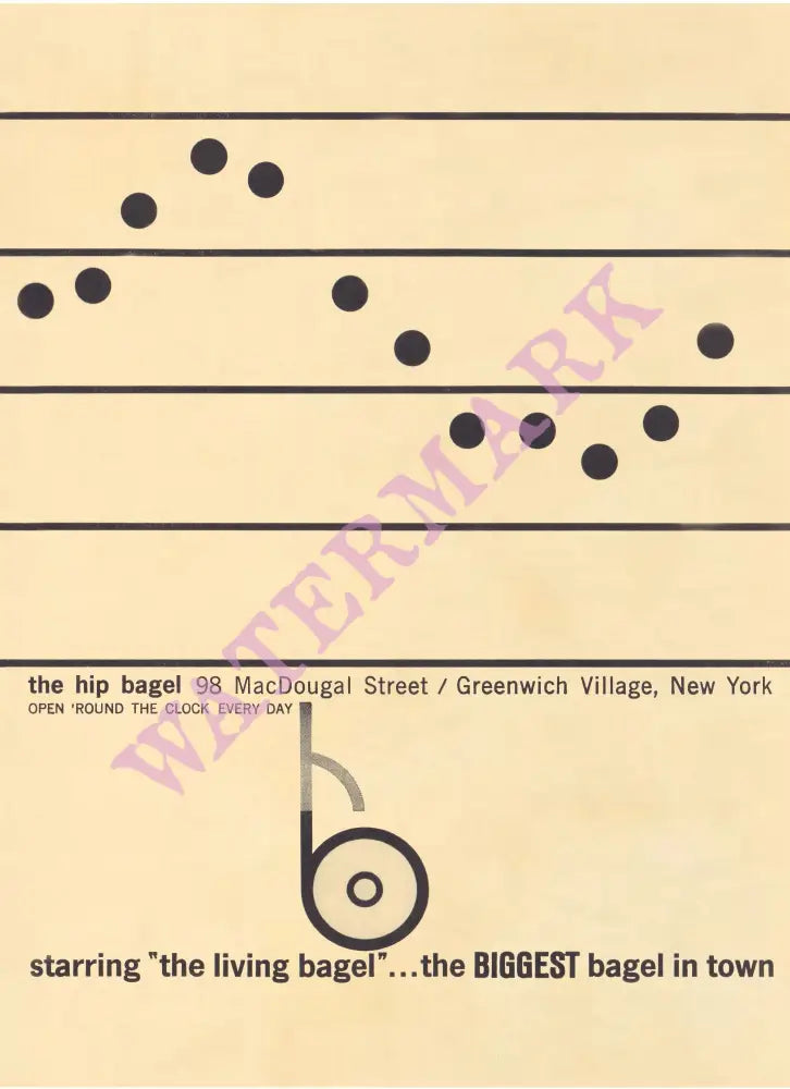 The Hip Bagel, New York 1960s Menu Art 