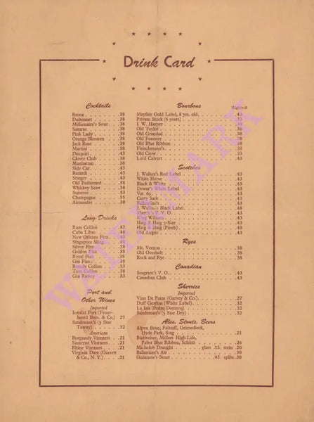 The Hofbrau and Cocktail Lounge, San Francisco 1945 Drink Card