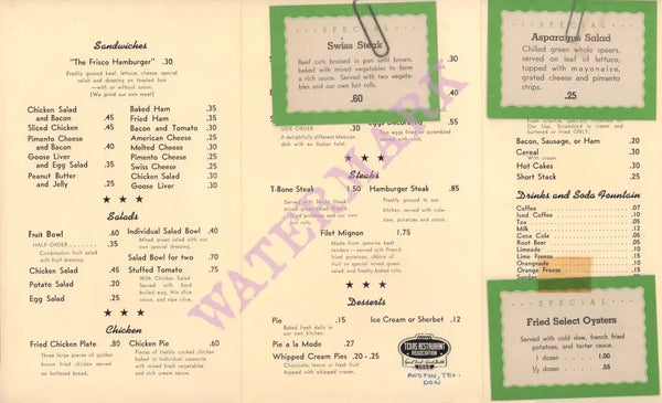 The Night Hawk, Austin 1949 Menu