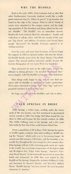 The Paul Cummins Huddle at the Springs, Palm Springs, California 1970s | Vintage Menu Art - story on menu