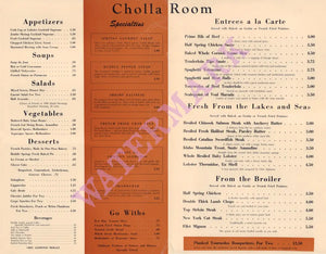 The Paul Cummins Huddle at the Springs, Palm Springs, California 1970s | Vintage Menu Art - cholla room food menu
