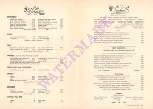 The Penthouse Club, New York 1961 Menu