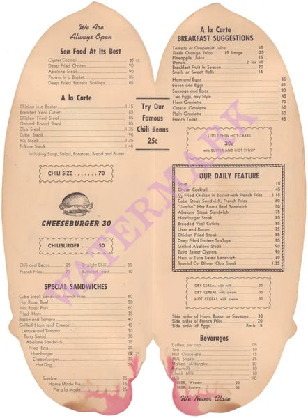 The Pink Cucumber, West Sacramento 1940s menu