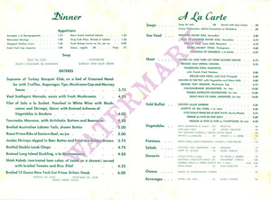 The Racquet Club, Palm Springs 1970s Menu