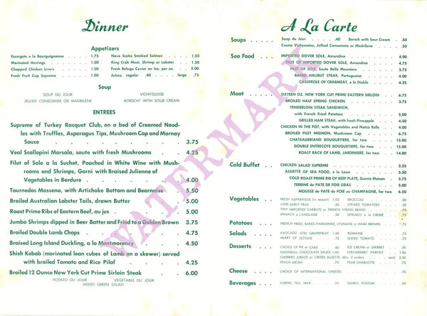 The Racquet Club, Palm Springs 1970s Menu