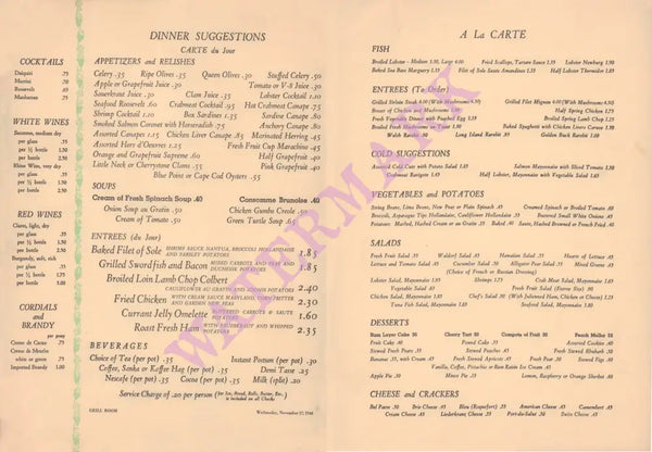 The Roosevelt Grill Dinner, New York 1946 Menu 