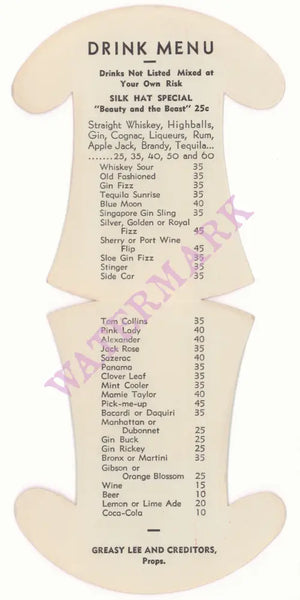 The Silk Hat, Palm Springs 1930s | Vintage Menu Art – drinks
