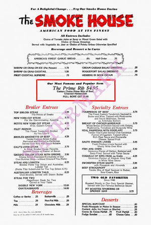 The Smoke House, Burbank 1970s Menu