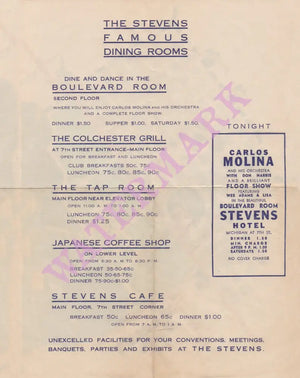 The Stevens Hotel Chicago 1940s Vintage Americana Menus