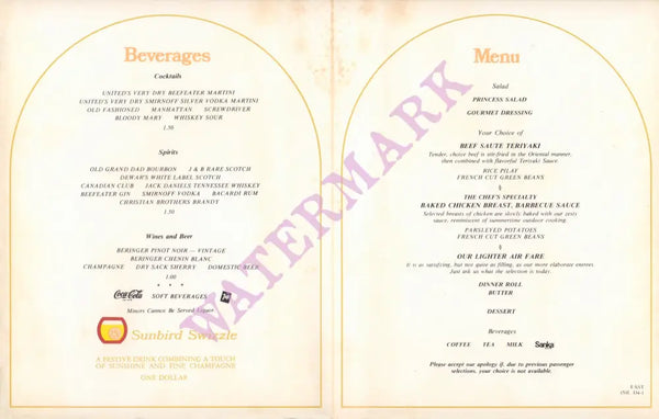 The Sunbird, United Airlines 1980s INFLIGHT MENU