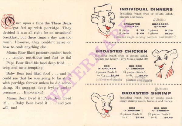 The Three Bears, St Paul 1960s Drive-In menu  