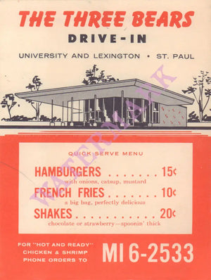 The Three Bears, St Paul 1960s Menu