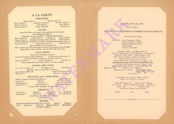 The Village Coffee Shop, Palm Springs 1940 Menu