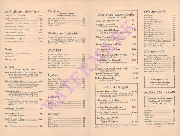 The Wharf, Seattle 1950s Menu