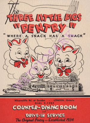 Three Little Pigs "Pentry", London Ontario 1950s Menu Art