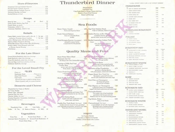 Thunderbird, Portland OR 1980s Menu