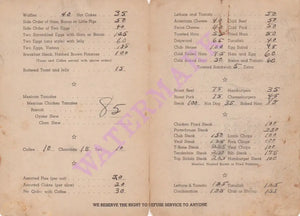 Tom & Mary's Polar Bear Café, Kodiak Alaska 1945 Menu