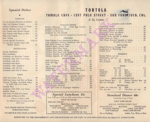 Tortola, Sa Francisco 1939 Menu