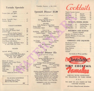 Tortola, Sa Francisco 1939 Menu cocktails